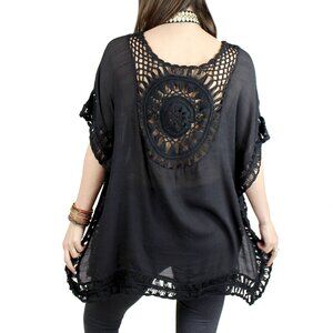 Black Crochet Tunic Oversized Top Boho Bohemian Style One Size fits up to Large